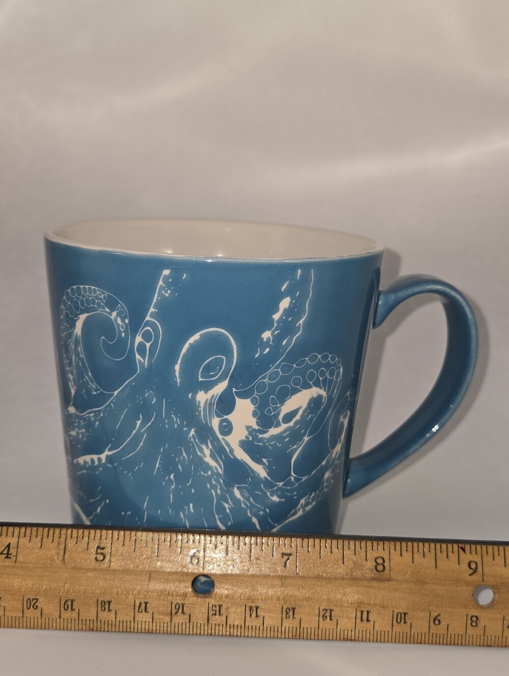 Blue White Octopus Ceramic Coffee Mug Etched Textured Nautical Ocean - Picture 3 of 9